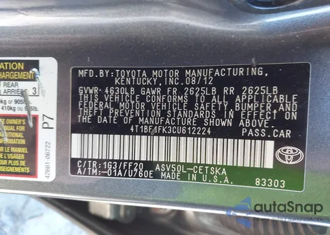 2012 Toyota Camry Se из США, поврежденный, VIN 4T1BF1FK3CU612224